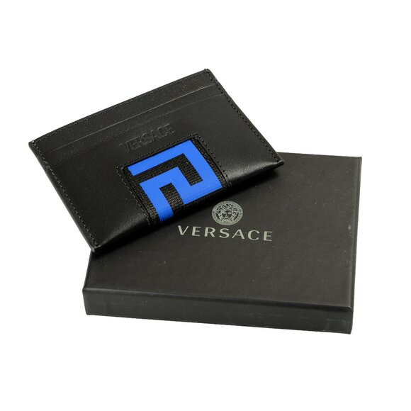 Versace Black & Blue "Greeca" 100% Leather Card Case Holder - Picture 1 of 3